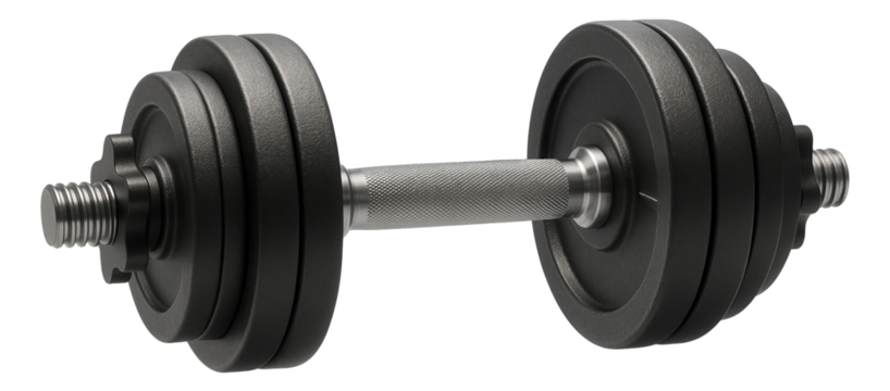 Black adjustable dumbbell with textured metal grip and multiple weight plates on transparent background.