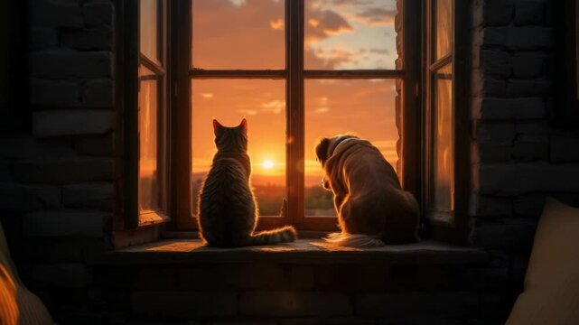 Companionship of a cat and dog watching sunset from a cozy window at dusk