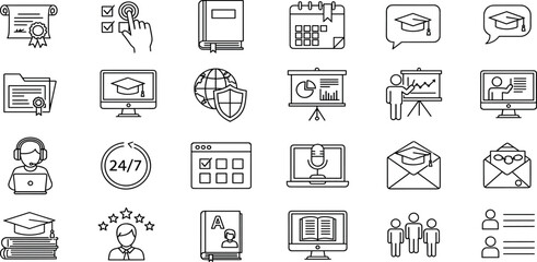 Online Education Vector Icon Set Adjustable Line Weight eLearning, webinar, certification, online course, training, virtual classroom, study, graduation, language learning, remote education icons