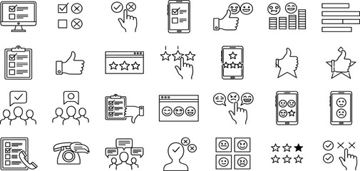 Survey Vector Icon Set – Online Survey, Mobile Review, Mood Tracking, Star Rating, Questionnaire, PositiveNegative Evaluation, Web Survey, Phone Survey, Mail Survey