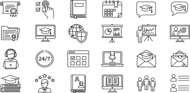Online Education Vector Icon Set Adjustable Line Weight eLearning, webinar, certification, online course, training, virtual classroom, study, graduation, language learning, remote education icons