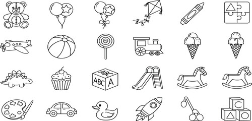 Toys Vector Icon Set Adjustable Line Weight Teddy bear, balloons, puzzle, airplane, dinosaur, rocking horse, blocks, rocket, cupcake, lollipop, kids, childhood, playtime icons