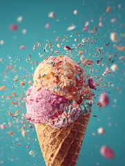 Ice cream cone exploding with colorful sprinkles on turquoise background
