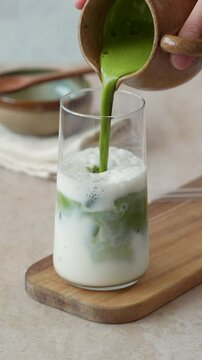 Matcha latte with milk and ice 