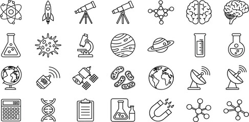 Fototapeta premium Science Vector Icon Set – Atom, Rocket, Telescope, Molecules, Brain, Microscope, DNA, Planet, Satellite, Bacteria, Virus, Calculator, Flask, Beaker, Globe, Radar, Test Results