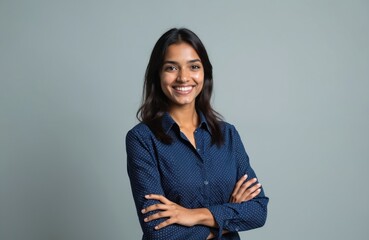 Smiling young Indian woman posing in studio. Confident businesswoman or student with crossed arms looks at camera. Successful, happy, cheerful woman in formal shirt on grey background.