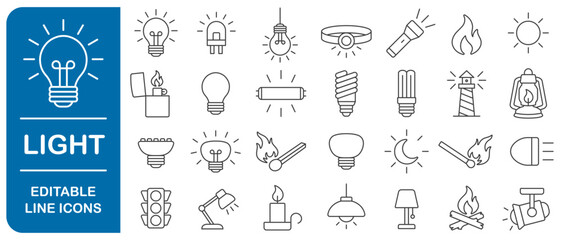 Light editable stroke line icon symbol set. Light bulb, lamp, flashlight, LED, lantern, spotlight, campfire and lighter icons sign. Vector illustration image. Isolated on white background.