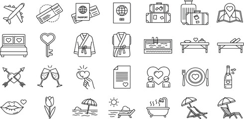 Fototapeta premium Honeymoon Trip Vector Icon Set Adjustable Line Weight Love, travel, couple, romance, spa, bed, champagne, kiss, beach, robe, pool, key, dinner, passion icons