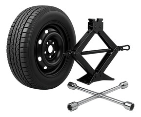 Car tire, scissor jack, and lug wrench set showcasing essential tools for automotive maintenance on transparent background.