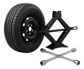 Car tire, scissor jack, and lug wrench set showcasing essential tools for automotive maintenance on transparent background.