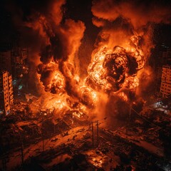 Massive explosion engulfing city in fiery chaos at night
