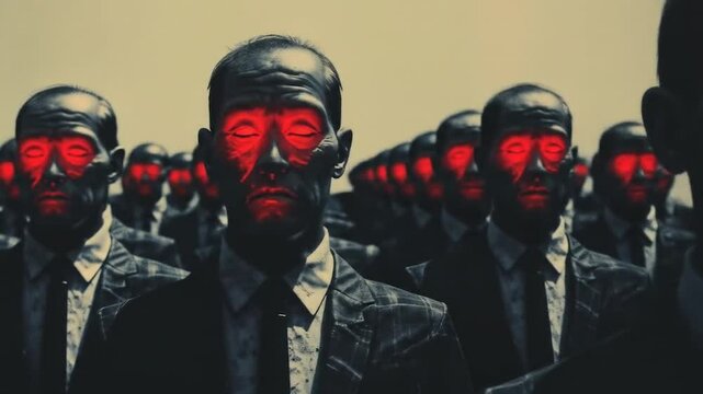 A group of stern faced figures of statues of citizens with glowing crimson red eyes, conveying a sense of unsettling unity and unquestioning loyalty. Sect or dictatorship