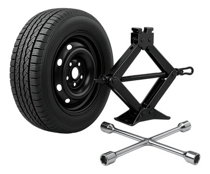 Fototapeta Car tire, scissor jack, and lug wrench set showcasing essential tools for automotive maintenance on transparent background.