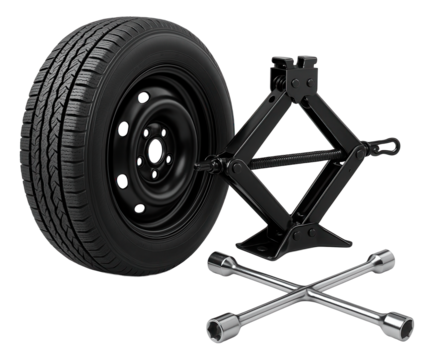 Car tire, scissor jack, and lug wrench set showcasing essential tools for automotive maintenance on transparent background.