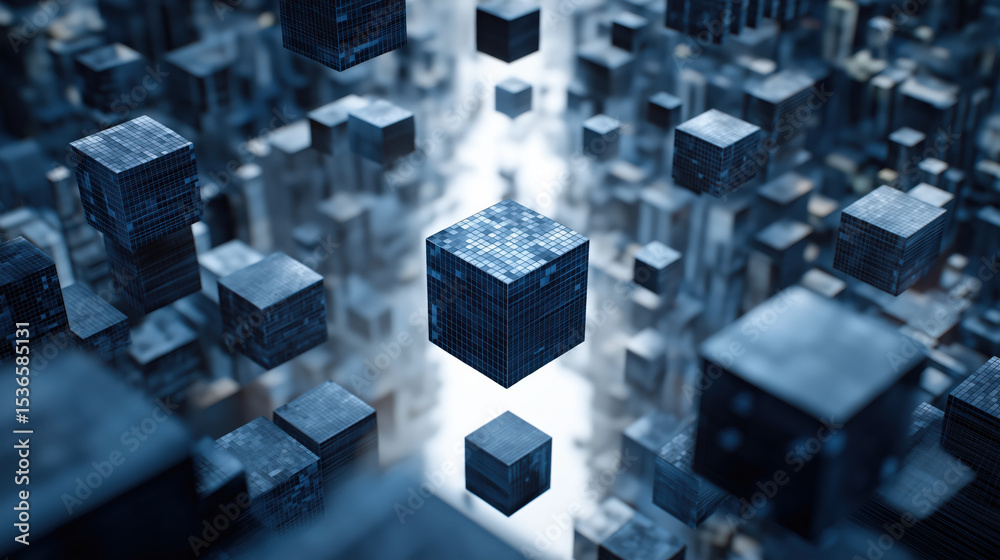 Poster Futuristic cityscape with floating digital cubes, representing blockchain technology and decentralized finance concepts. scene is abstract and technological