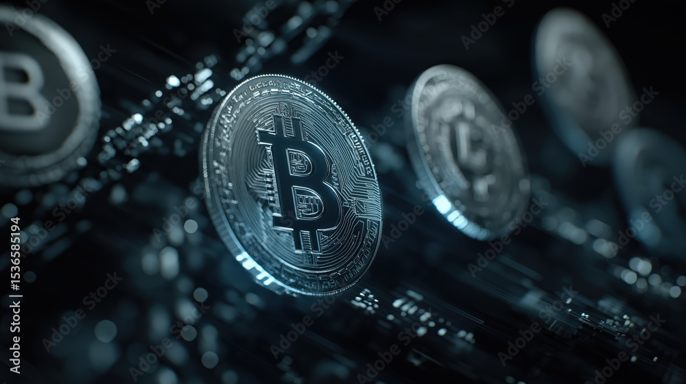 Poster Digital coins with Bitcoin symbols are depicted in futuristic setting, highlighting concept of cryptocurrency and blockchain technology. image conveys sense of innovation and modern finance
