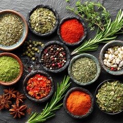 Variety of spices and herbs for cooking in bowls, top view