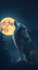 Animal photo. Wolf howling at full moon. Phone background photo