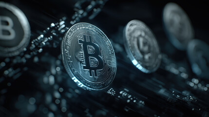 Digital coins with Bitcoin symbols are depicted in futuristic setting, highlighting concept of cryptocurrency and blockchain technology. image conveys sense of innovation and modern finance