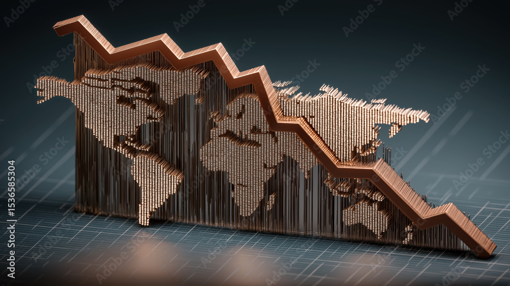Poster 3d illustration of declining graph overlaid on world map symbolizes global economic downturn and rec