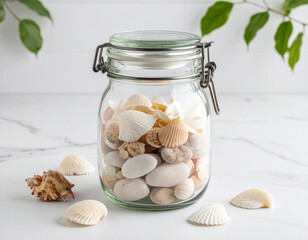 A glass jar filled with assorted seashells on a marble surface, surrounded by scattered shells and green leaves in the background
