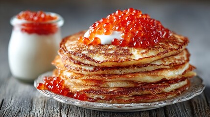 Stack of pancakes with red caviar and sour cream on rustic wooden table