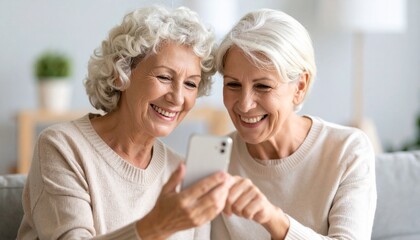 Elderly Women Exploring Technology. Laughing and looking at mobile phone together
