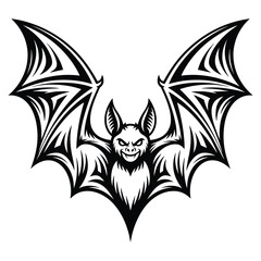 Monochrome vector of a winged bat with grinning expression and bold lines, perfect for halloween or edgy tattoo artwork

