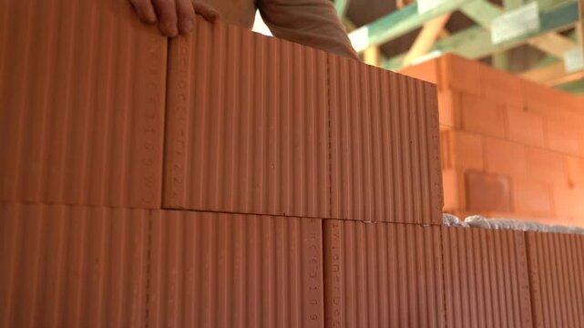 Worker places hollow ceramic bricks to build wall at house construction site