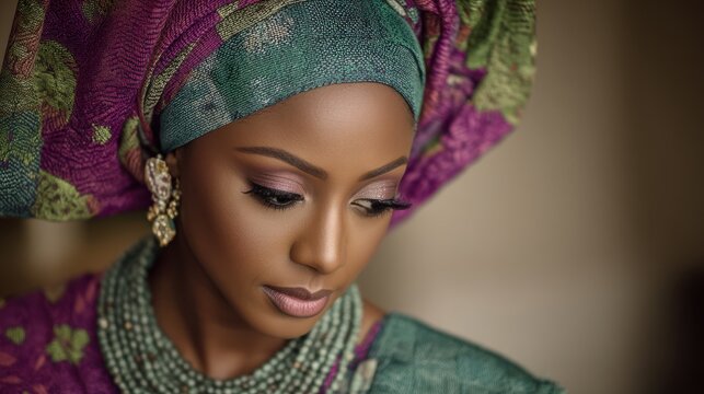 A Nigerian bride in a vibrant gele headwrap and iro and buba, showcasing the rich textures and colors of Yoruba wedding fashion