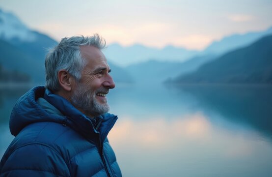 Portrait of smiling, grey-haired man enjoying beautiful lake view. Middle-aged man wearing warm jacket. Scenic outdoors, mountains background. Happy mature person enjoying healthy retirement