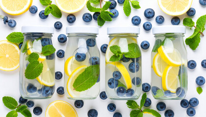 Lemon and blueberry infused water jars surrounded by fresh blueberries, lemon slices, and mint leaves on a white background