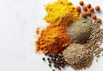 Colorful spices creating culinary masterpiece on white background