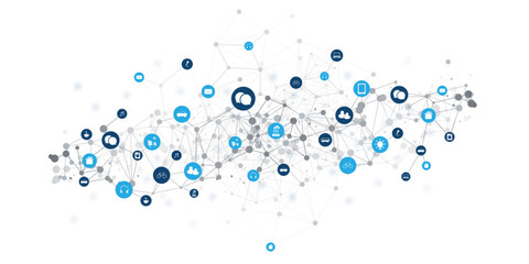 A conceptual vector graphic illustrating a complex network of interconnected nodes and diverse icons, representing the Internet of Things (IoT), global communication, or smart technology.