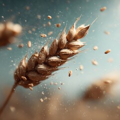 Ripe wheat ear releasing grains in slow motion, close-up view
