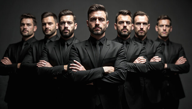 Group men in black suits with crossed arms project power. Business team stand in corporate formal style. Image exudes confidence, success, strong leadership, executive authority. Group of men exude