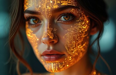 Woman face overlaid glowing circuit board pattern. Symbolizes tech integration with humanity. Futuristic, digital art, science fiction illustration shows modern ai artificial intelligence concept.