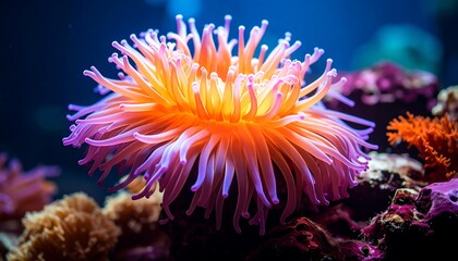 Vibrant Sea Anemone Glowing in Aquarium  Underwater Beauty with Coral Reef Backdrop.