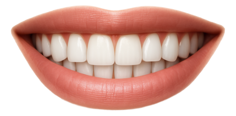 A close-up of a bright, healthy smile showcasing perfectly aligned white teeth on transparent background.