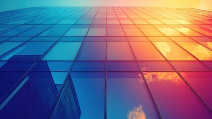 Fototapeta premium Modern glass skyscraper facade reflecting colorful sky