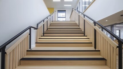 Modern Wooden Staircase with Black Railing and LED Lighting
