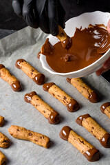 Sticks shortbread dipped in chocolate. Home made cookies.
