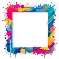 Vector illustration of a square graffiti pop art style frame with colorful geometric shapes, liquid ink splashes, and modern patterns on a white background. Modern dirty design.