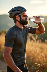 Fototapeta premium Strong man with beard in active wear and sport glasses drinks water outdoors. Cyclist refreshing after hard workout with helmet. Thirsty person splashes water after cycling on summer day.