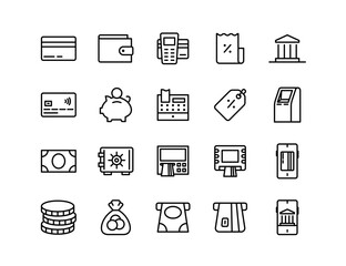 Banking Vector Icon Set | Adjustable Line Weight | Icons include credit card, wallet, POS terminal, bank, receipt, ATM, piggy bank, vault, money, mobile banking, savings, interest tag, cash register