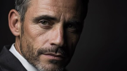 Studio portrait of a middle-aged man in a business suit on a dark background, with half of his face in shadow. He stares into the camera as it zooms in on his eyes.
- Powered by Adobe