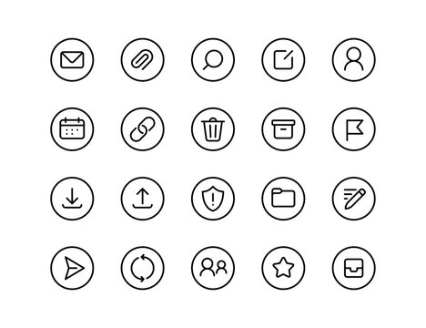 Email Communication UI Vector Icon Set | Adjustable Line Weight | Mail, message, contact, inbox, reply, attachment, send, archive, calendar, users, security, folder icons