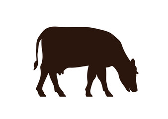 Milk cow silhouette, grazing, side view. Farm animal shade, black figure shadow in profile, feeding. Rural livestock, free-range cattle. Flat vector illustration isolated on white background