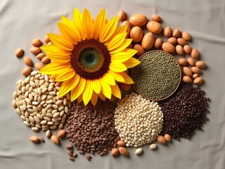 Assorted Seeds Flatlay on Linen Fabric: Flatlay of assorted seeds including sunflower, pumpkin, sesame, chia, and flax displayed on natural linen fabric with warm tones and soft lighting.