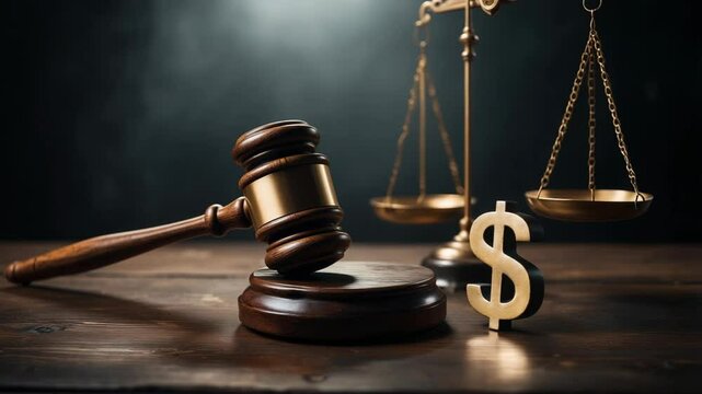 Legal concepts depicted with a gavel and scales emphasizing justice and financial implications in a courtroom setting